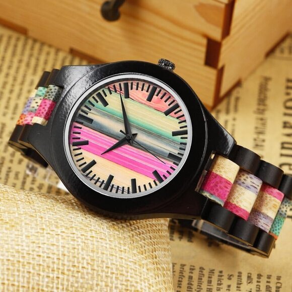 ✨ Dentily Analog Quartz Men Black Wooden Handmade Colorful Bamboo Engraved Watch - Picture 6 of 7
